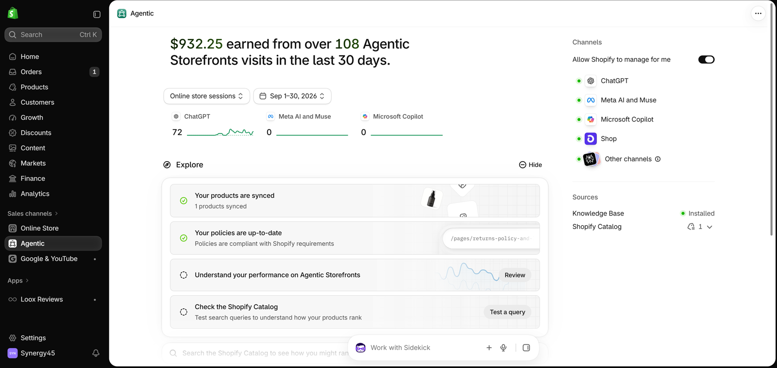 Shopify admin Agentic page for September 1 to 30, 2026. $932.25 earned from over 108 Agentic Storefronts visits. ChatGPT 72 sessions. Meta AI and Muse 0. Microsoft Copilot 0. One product synced. Policies up to date.