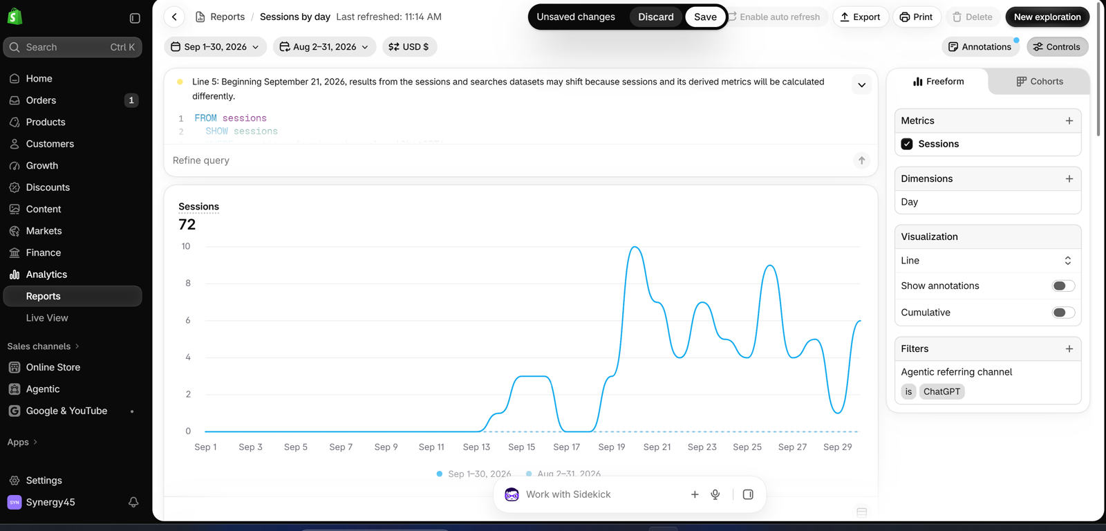 Shopify admin sessions chart for September 1 to 30, 2026, filtered to the Agentic referring channel ChatGPT, totaling 72 sessions. The line is near zero early in the month and rises from about mid-September.